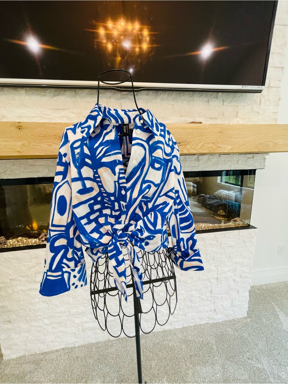 Marc Cain Blue & White Abstract Tie-Front Blouse